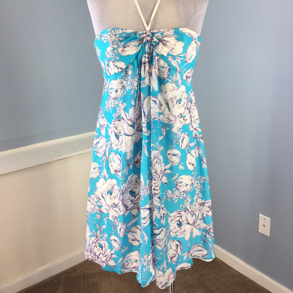 Helen Wang M 8 Aqua Blue White Floral Halter Dress